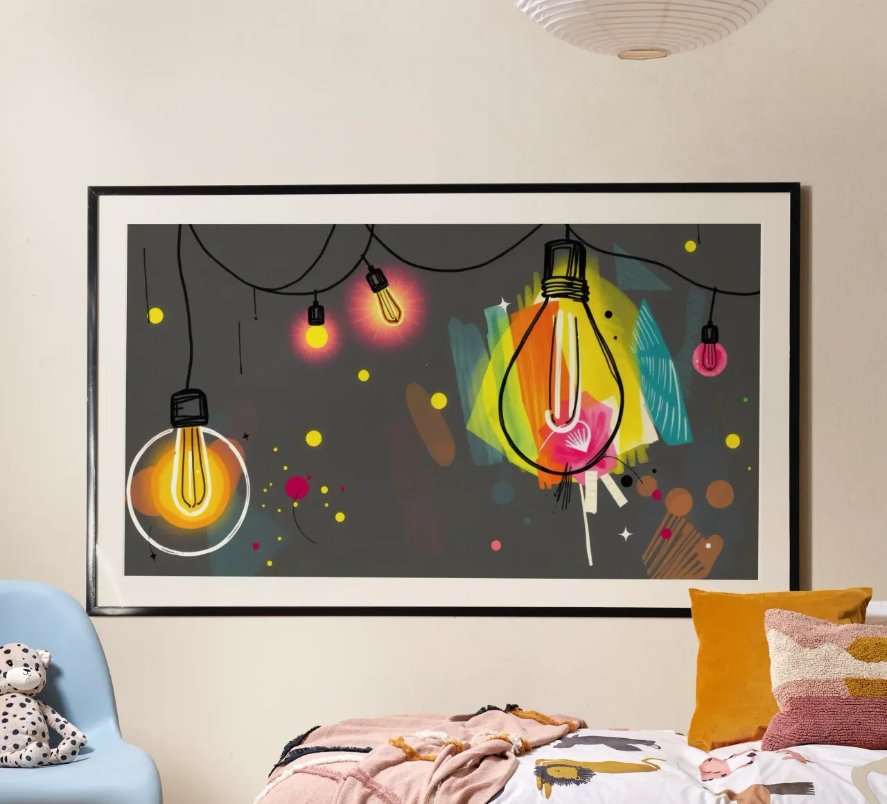 Le luci colorate sospese illuminano una vivace opera d'arte astratta poster da DesignDoodle