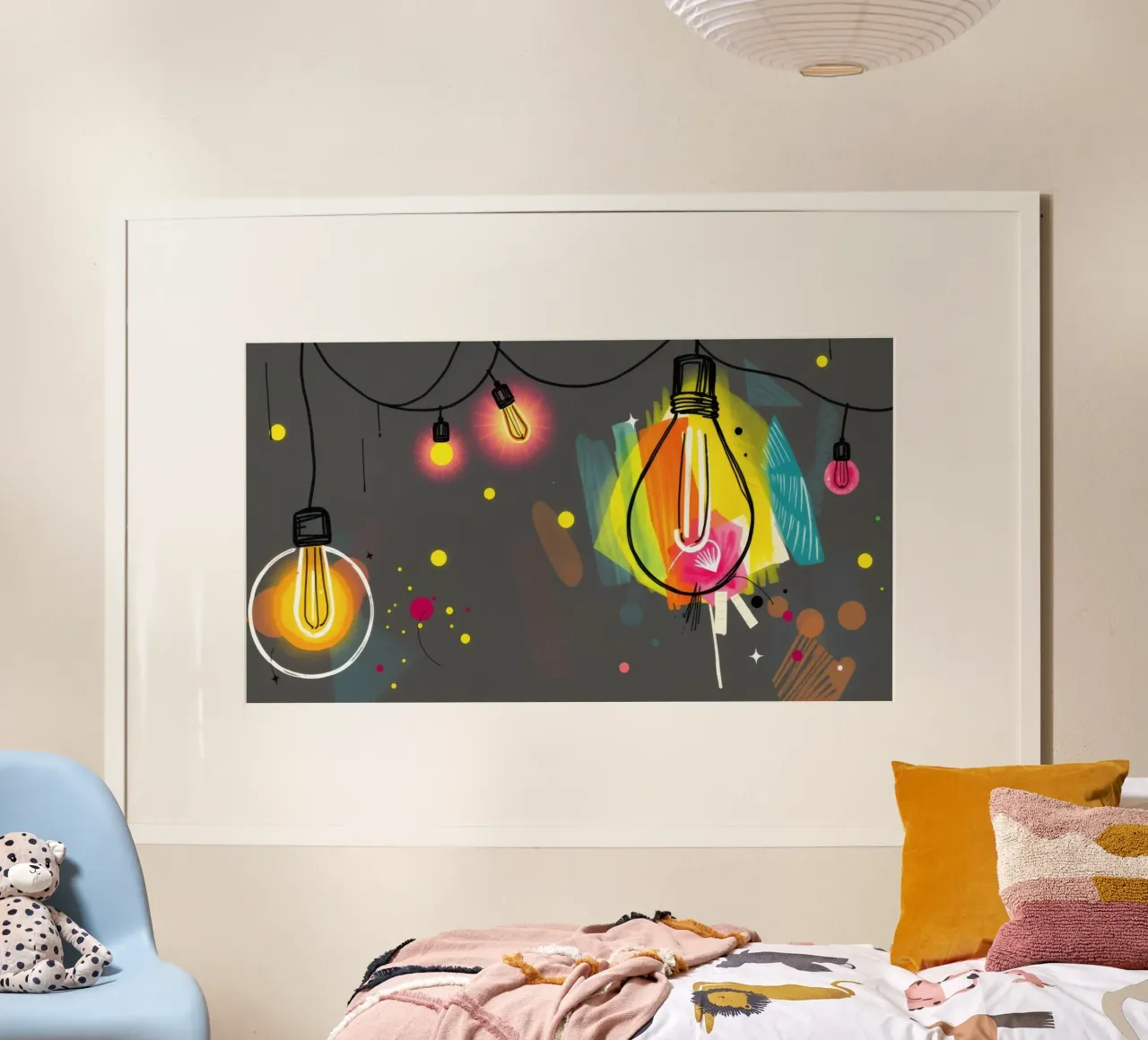 Le luci colorate sospese illuminano una vivace opera d'arte astratta poster da DesignDoodle
