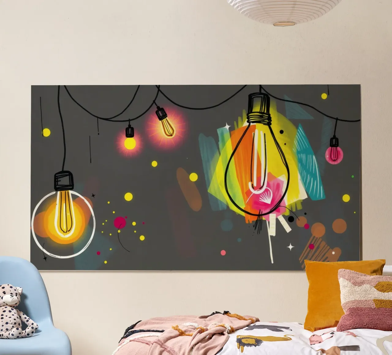 Le luci colorate sospese illuminano una vivace opera d'arte astratta poster da DesignDoodle