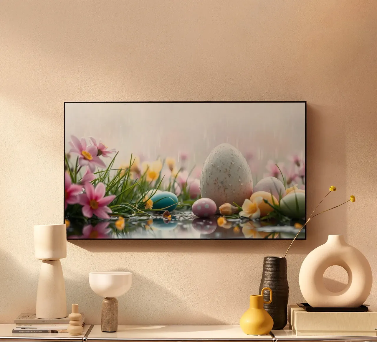 Uova di Pasqua circondate da fiori e pioggia alluminio dibond da DesignDoodle