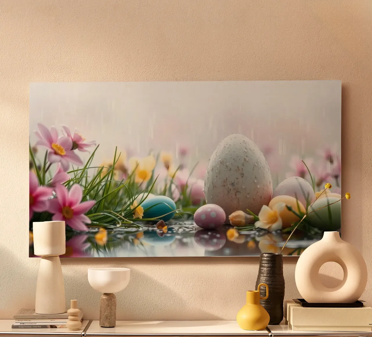 Uova di Pasqua circondate da fiori e pioggia alluminio dibond da DesignDoodle