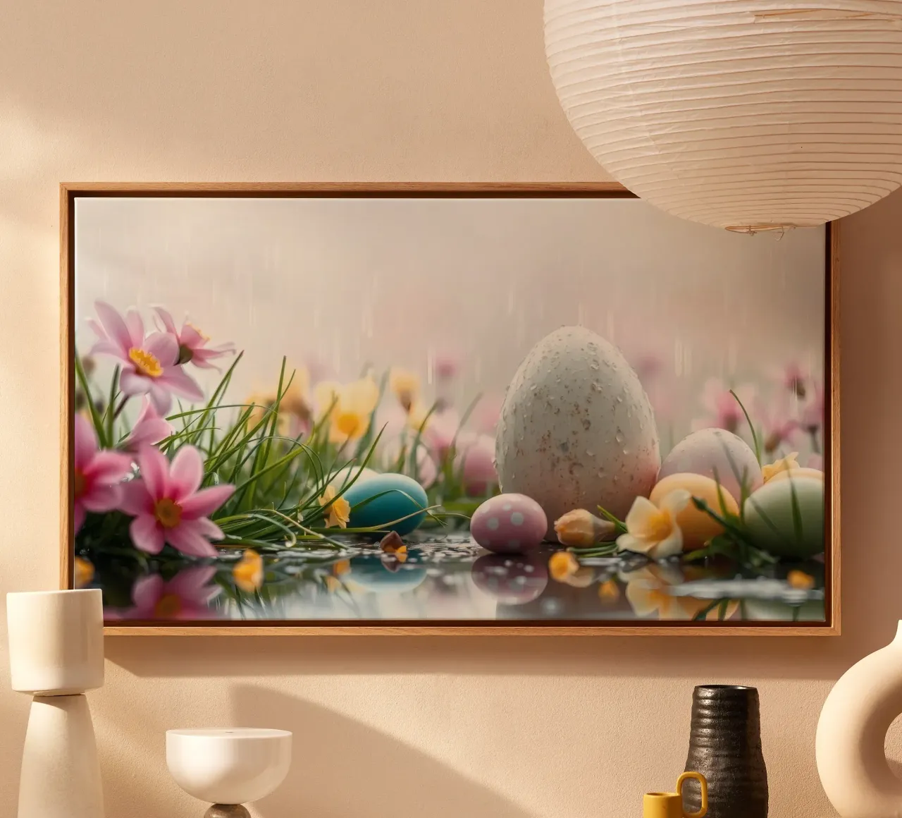 Uova di Pasqua circondate da fiori e pioggia tela con Cornice a cassetta da DesignDoodle