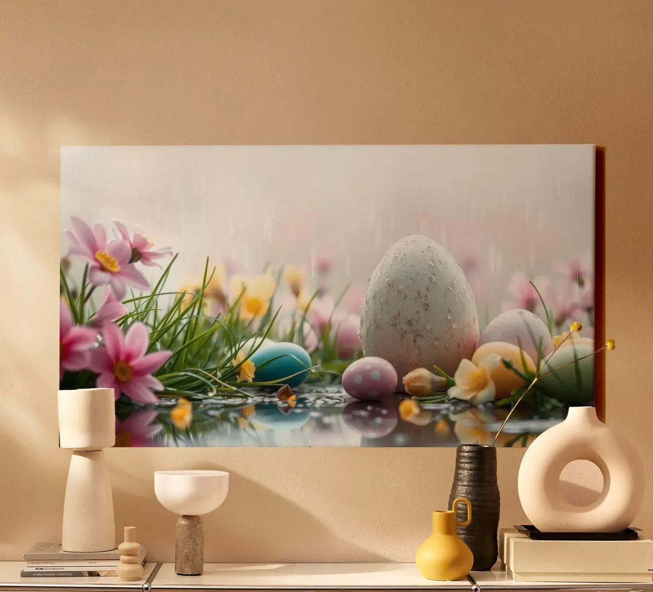 Uova di Pasqua circondate da fiori e pioggia tela con Cornice a cassetta da DesignDoodle