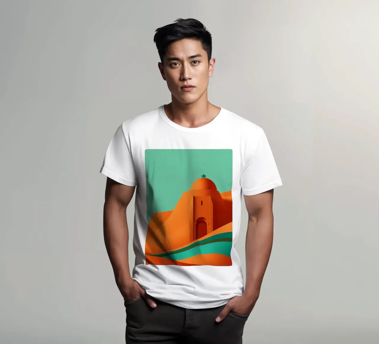 paesaggio con fortezza arancione e colline stilizzate t-shirt da DesignDoodle