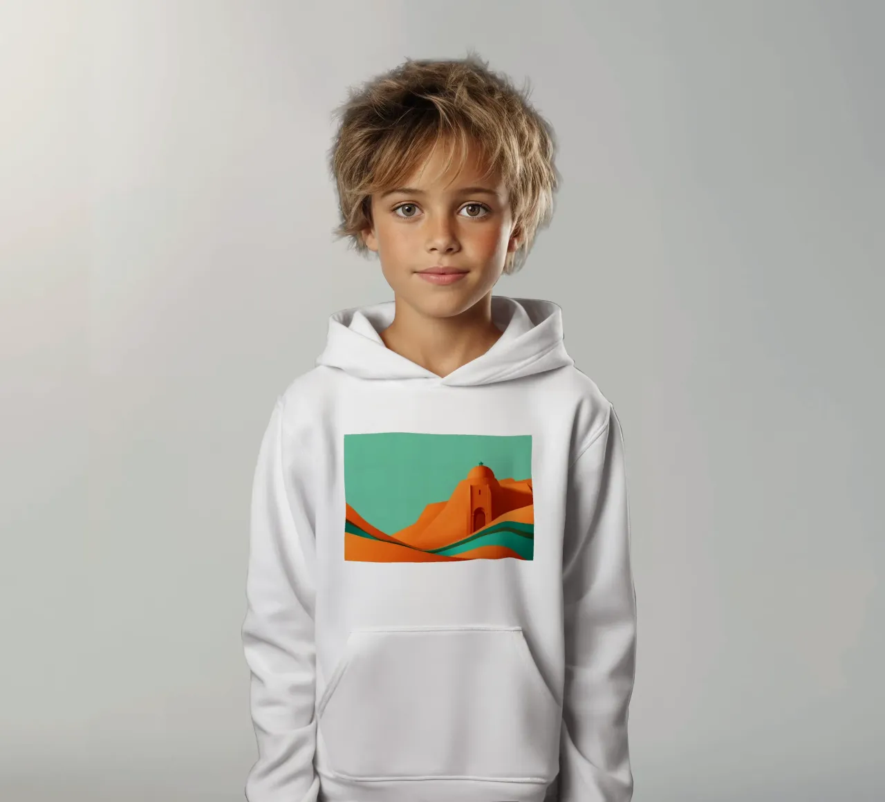 paesaggio con fortezza arancione e colline stilizzate felpa bambino con cappuccio da DesignDoodle