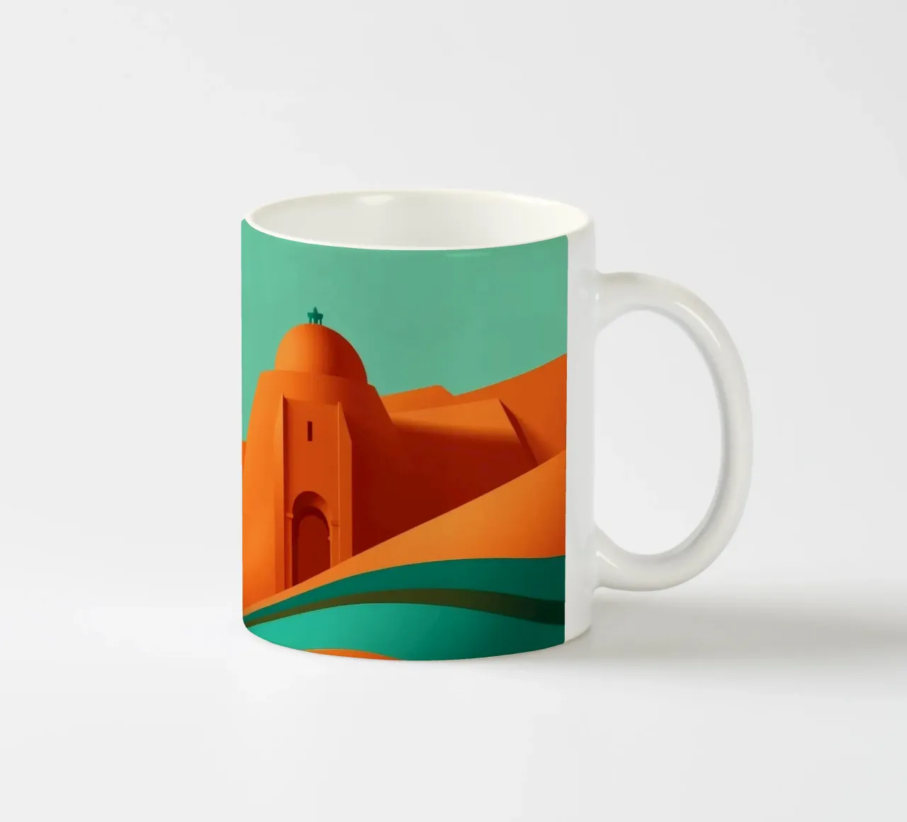 paesaggio con fortezza arancione e colline stilizzate tazza in ceramica da DesignDoodle