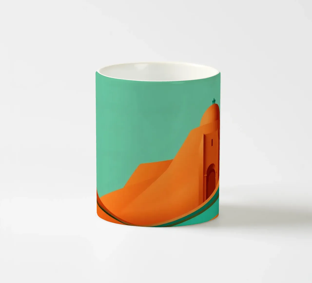 paesaggio con fortezza arancione e colline stilizzate tazza in ceramica da DesignDoodle