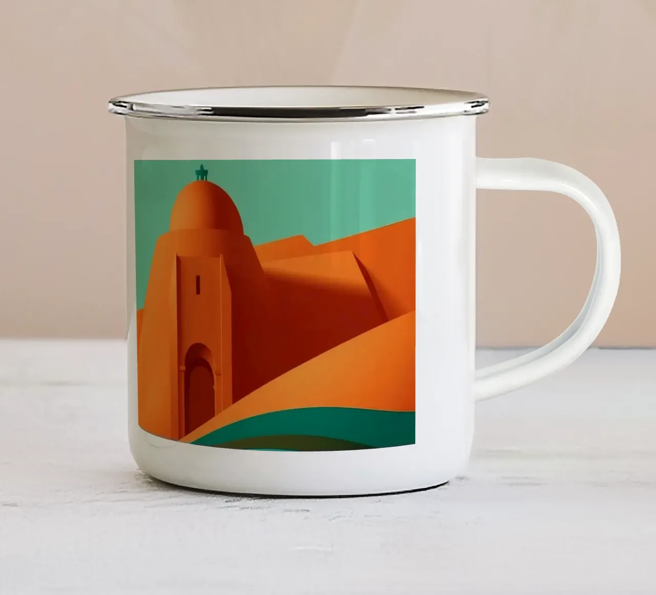 paesaggio con fortezza arancione e colline stilizzate tazza in smalto da DesignDoodle