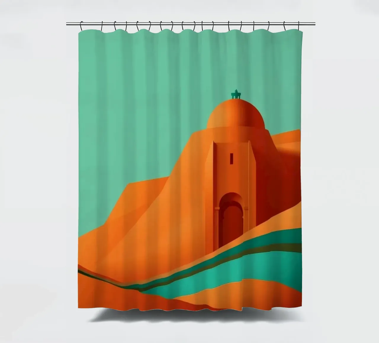 paesaggio con fortezza arancione e colline stilizzate tenda da doccia da DesignDoodle