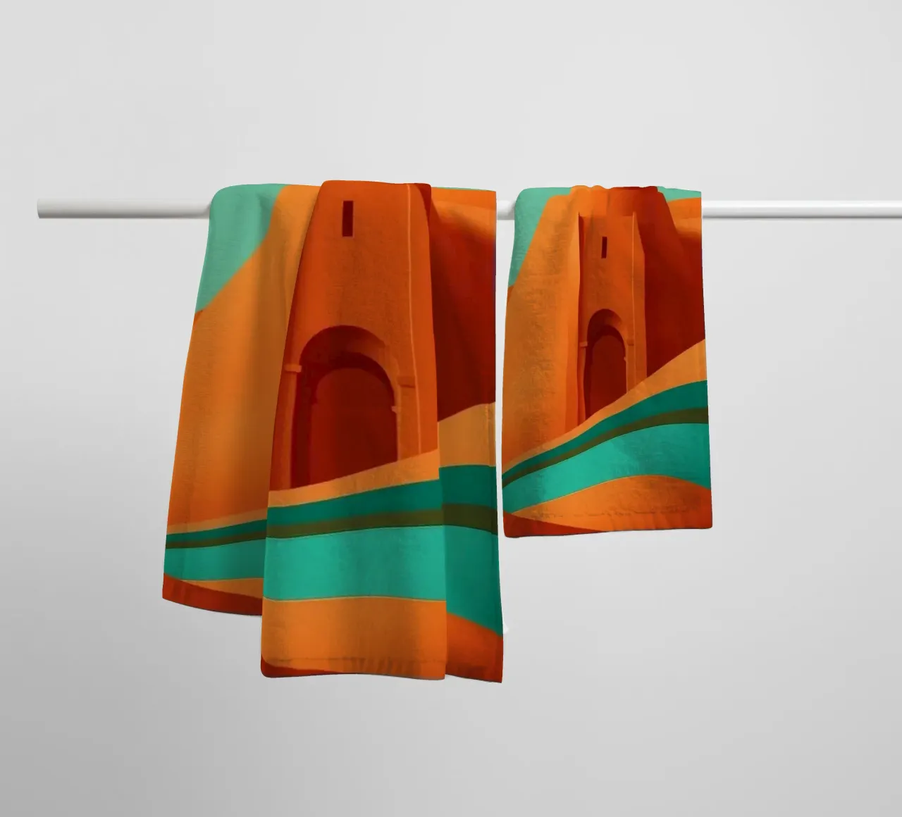 paesaggio con fortezza arancione e colline stilizzate asciugamano da bagno da DesignDoodle