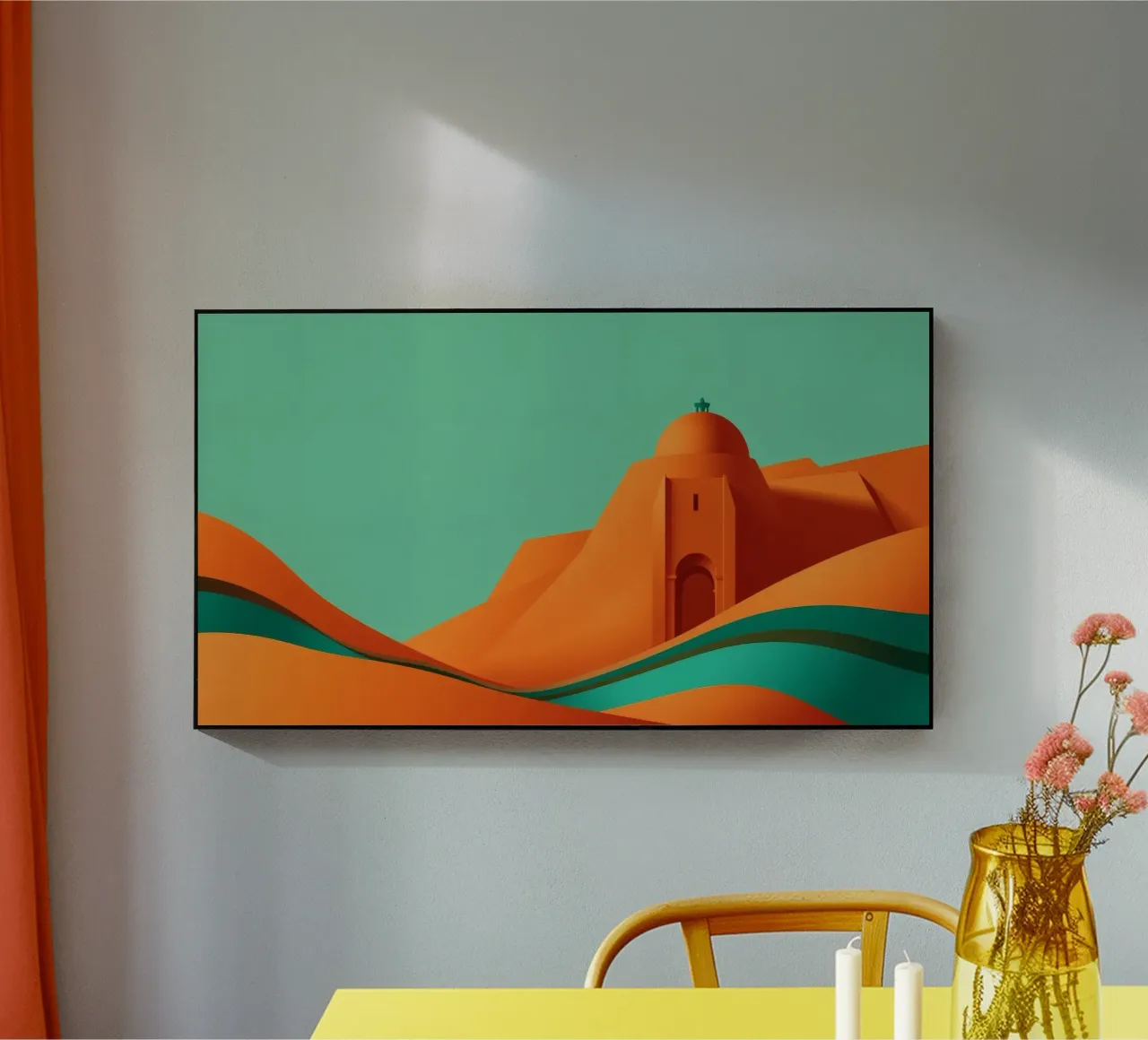 paesaggio con fortezza arancione e colline stilizzate plexiglass da DesignDoodle
