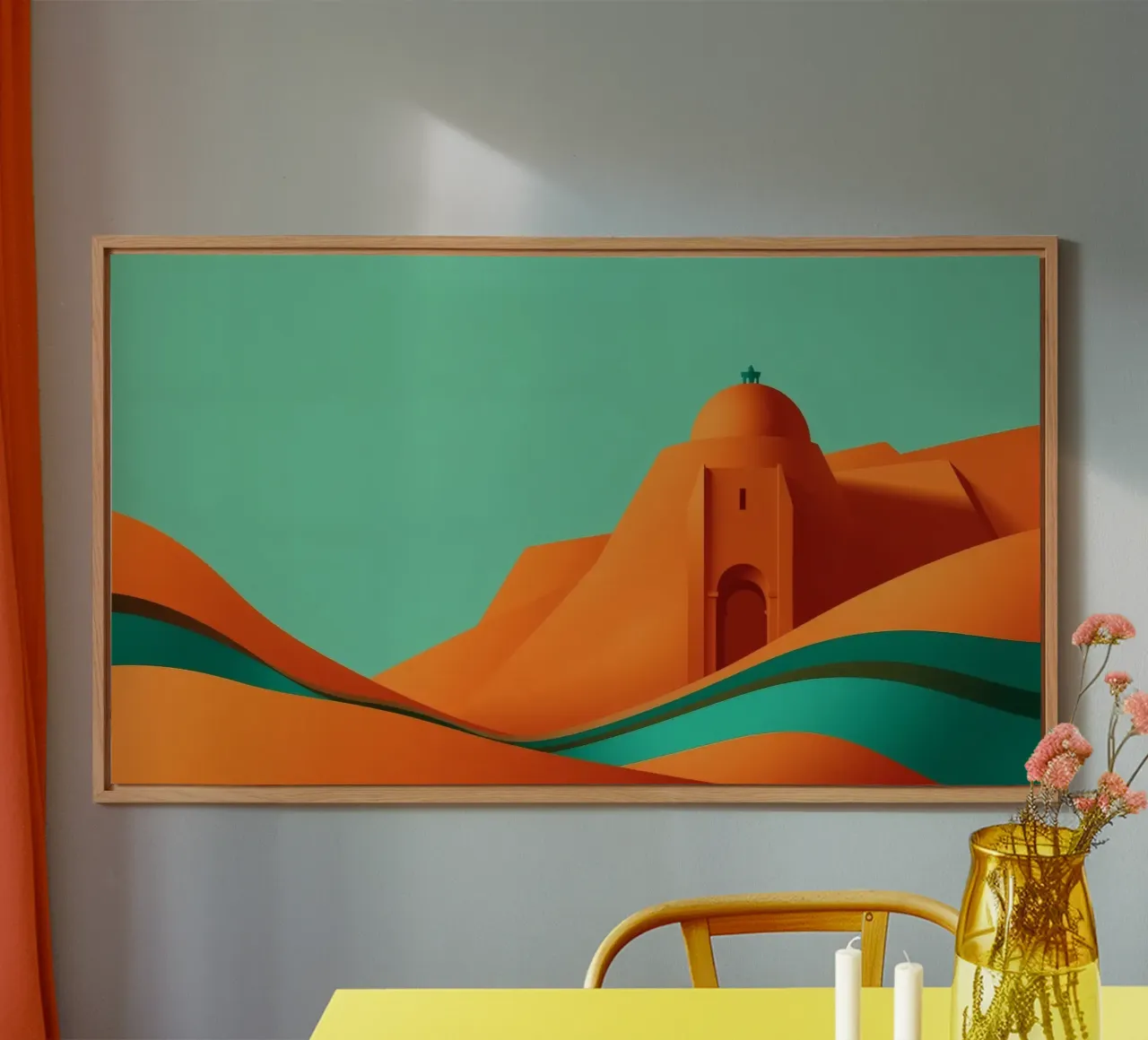 paesaggio con fortezza arancione e colline stilizzate alluminio dibond da DesignDoodle