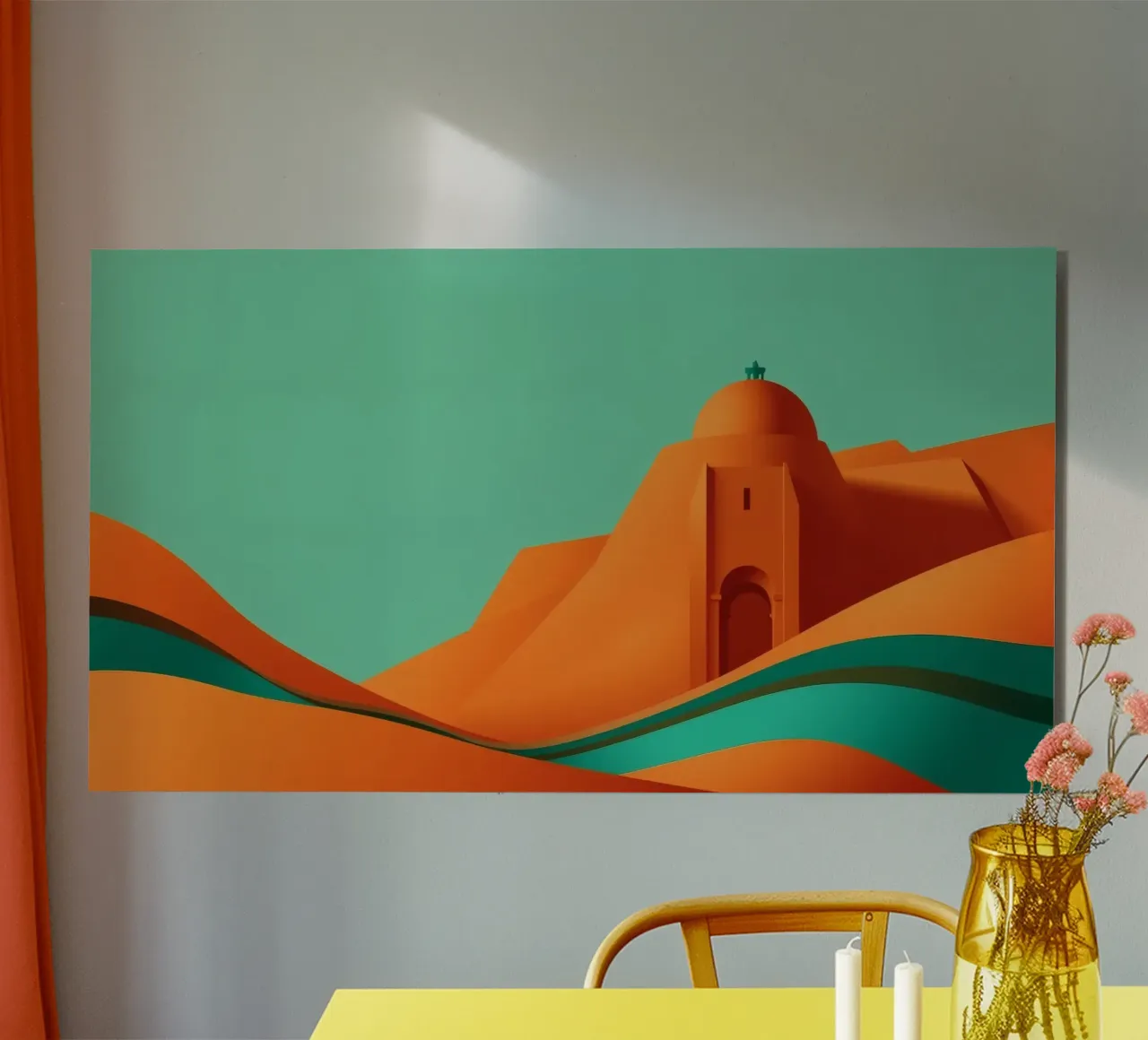 paesaggio con fortezza arancione e colline stilizzate alluminio dibond da DesignDoodle