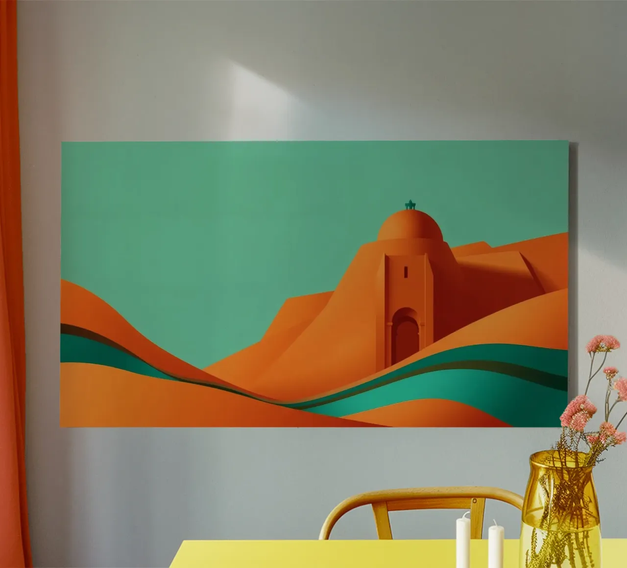 paesaggio con fortezza arancione e colline stilizzate tela da DesignDoodle