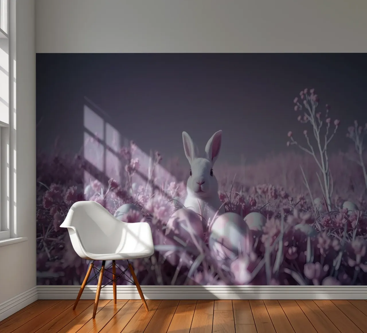 Cute white rabbit surrounded by colorful flowers and eggs photo wallpaper by DesignDoodle