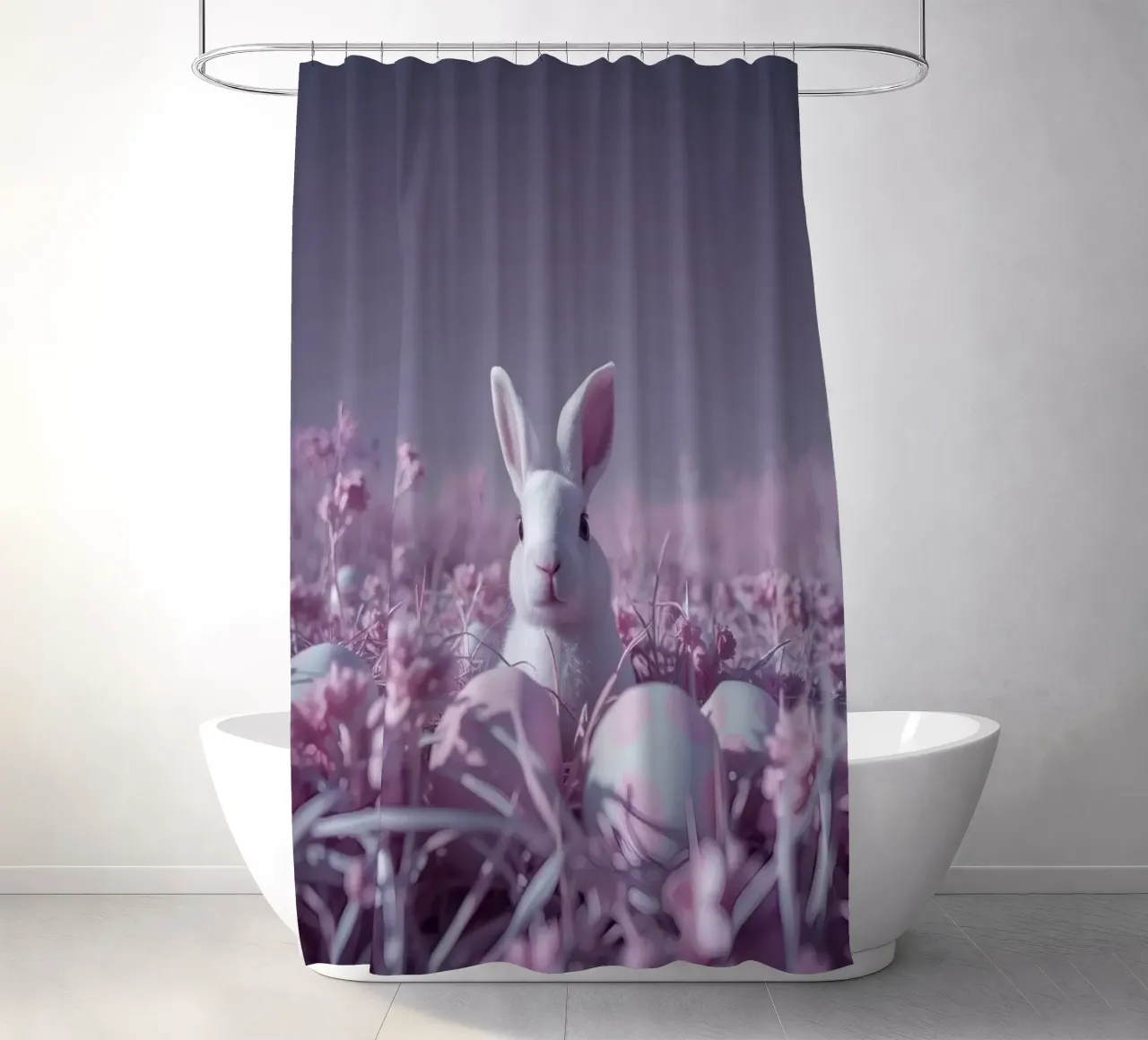 Simpatico coniglio bianco circondato da fiori colorati e uova tenda da doccia da DesignDoodle