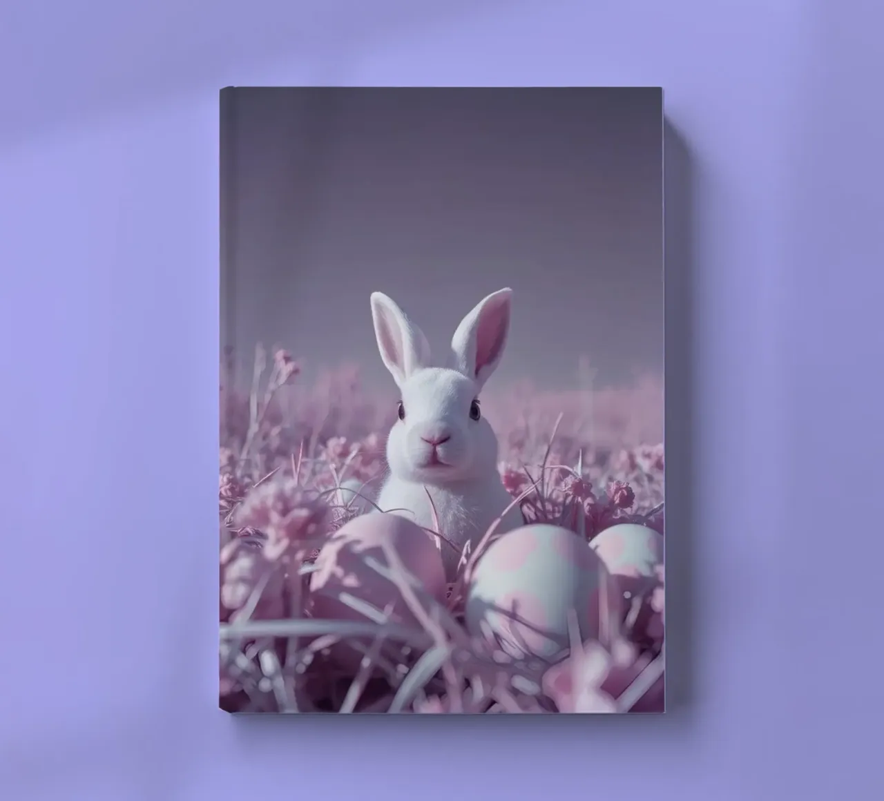 Cute white rabbit surrounded by colorful flowers and eggs notebook by DesignDoodle