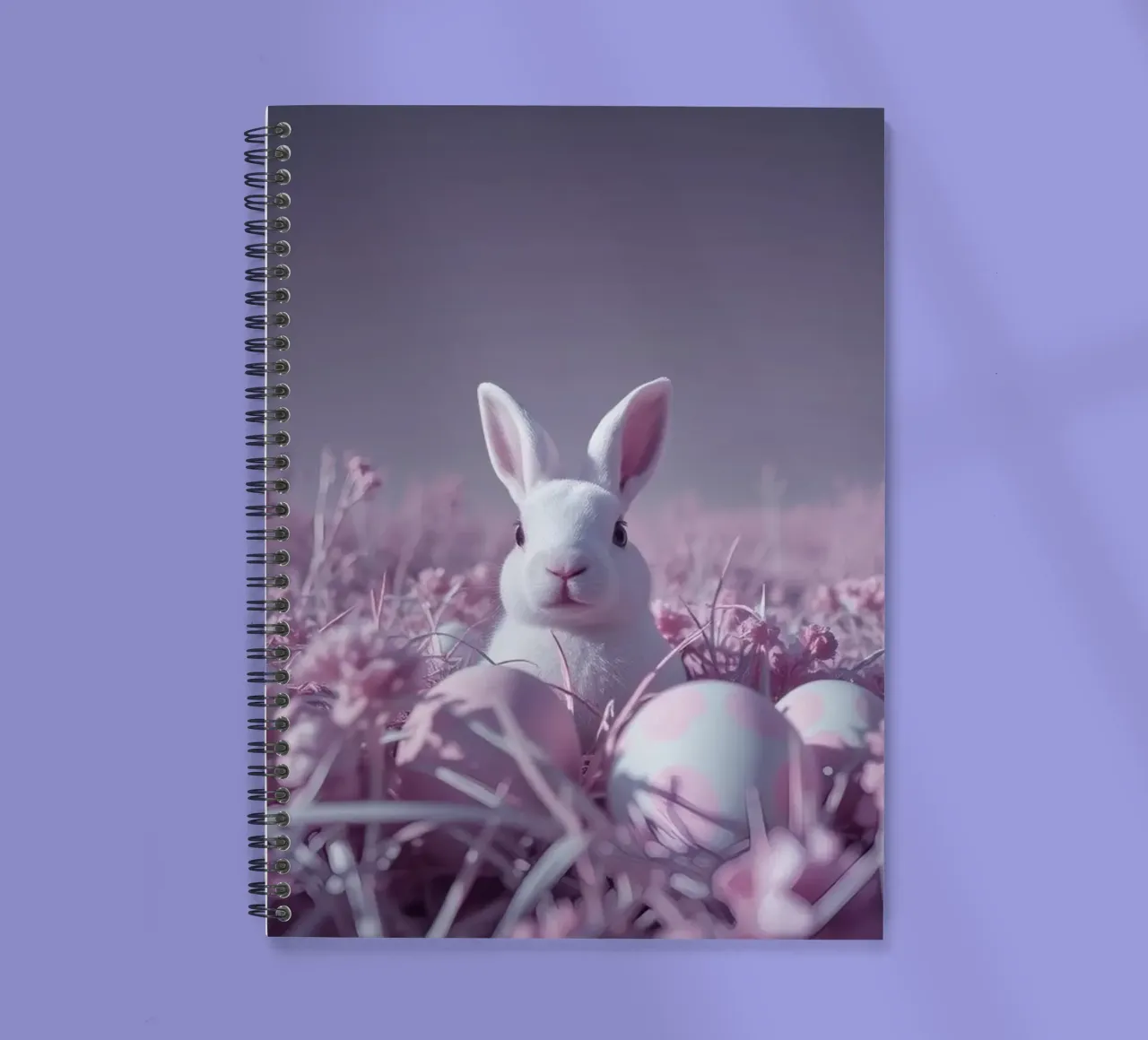Cute white rabbit surrounded by colorful flowers and eggs spiral notebook by DesignDoodle