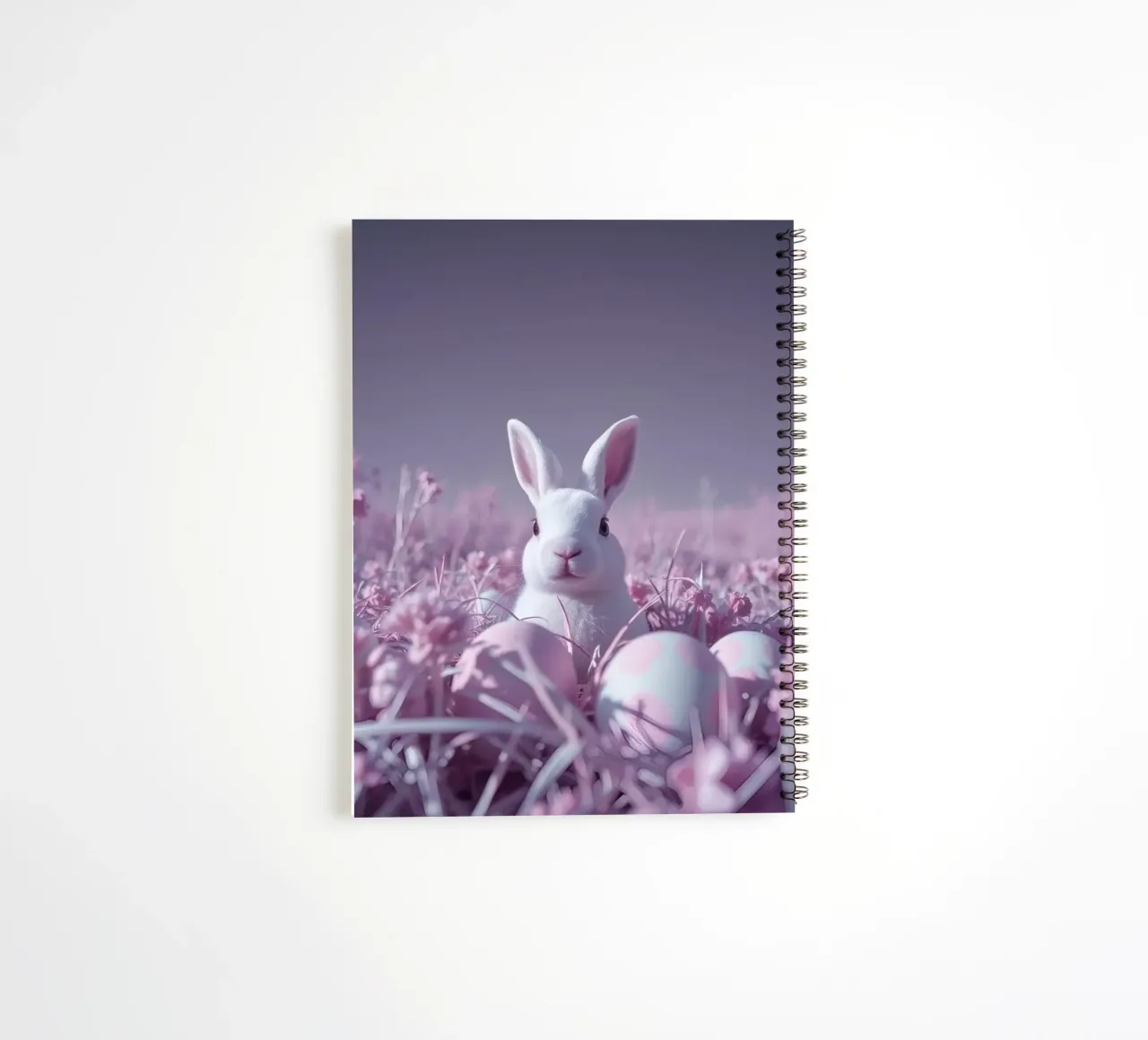 Cute white rabbit surrounded by colorful flowers and eggs spiral notebook by DesignDoodle