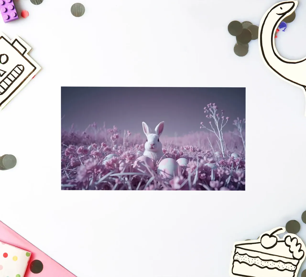Cute white rabbit surrounded by colorful flowers and eggs sticker by DesignDoodle