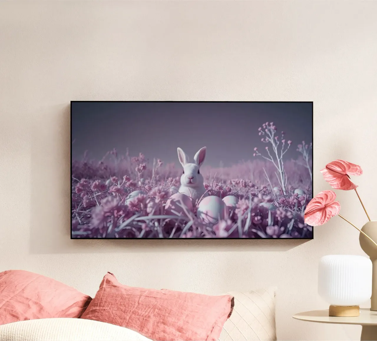 Cute white rabbit surrounded by colorful flowers and eggs acrylic glass by DesignDoodle