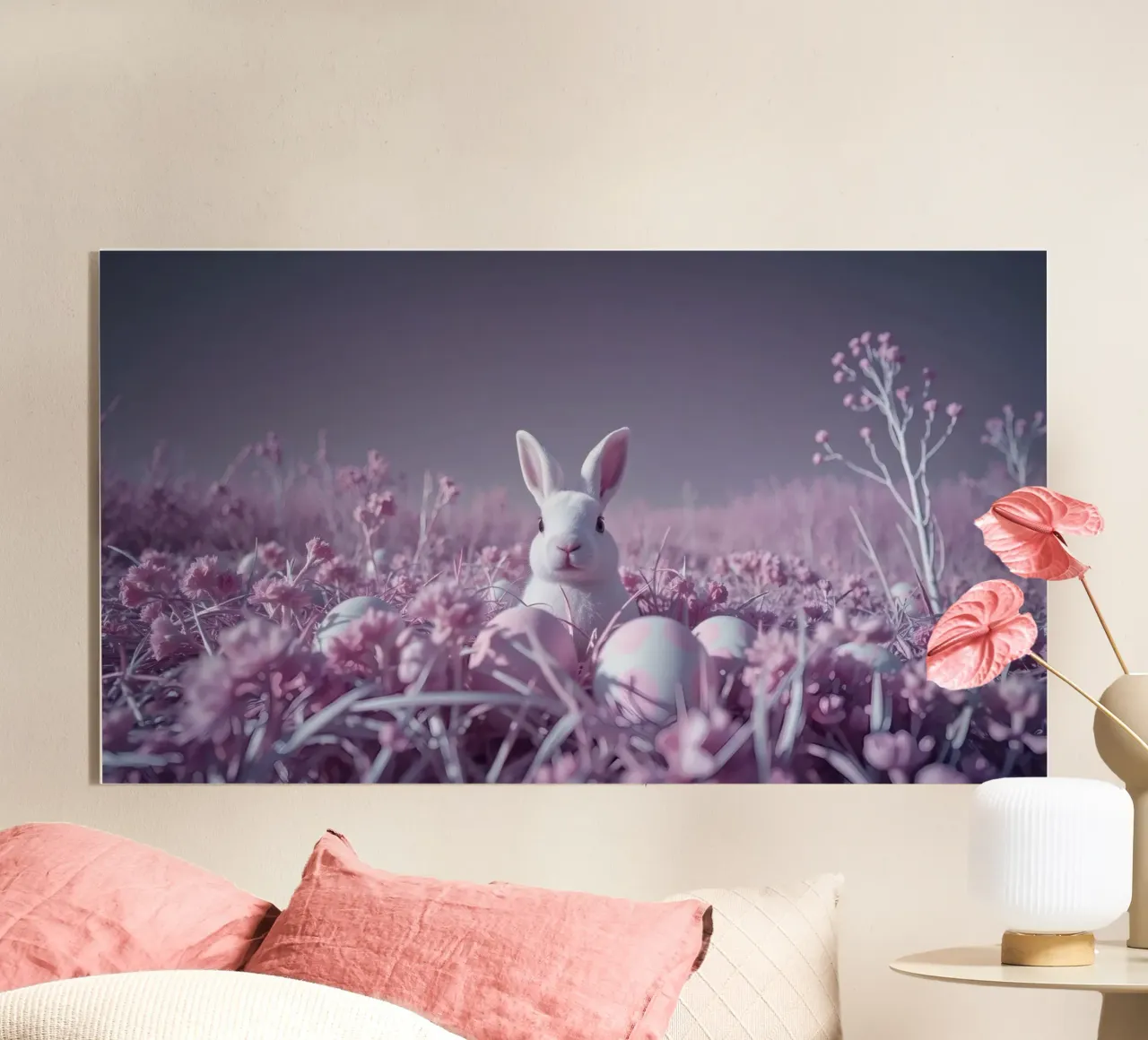 Cute white rabbit surrounded by colorful flowers and eggs acrylic glass by DesignDoodle