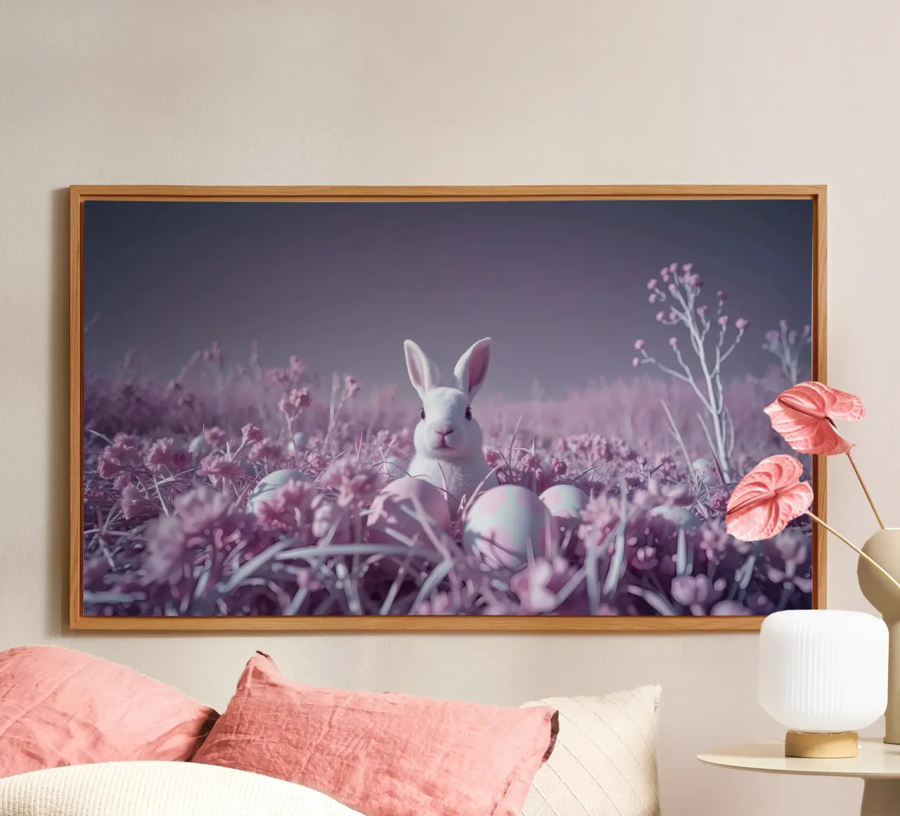 Simpatico coniglio bianco circondato da fiori colorati e uova alluminio dibond da DesignDoodle