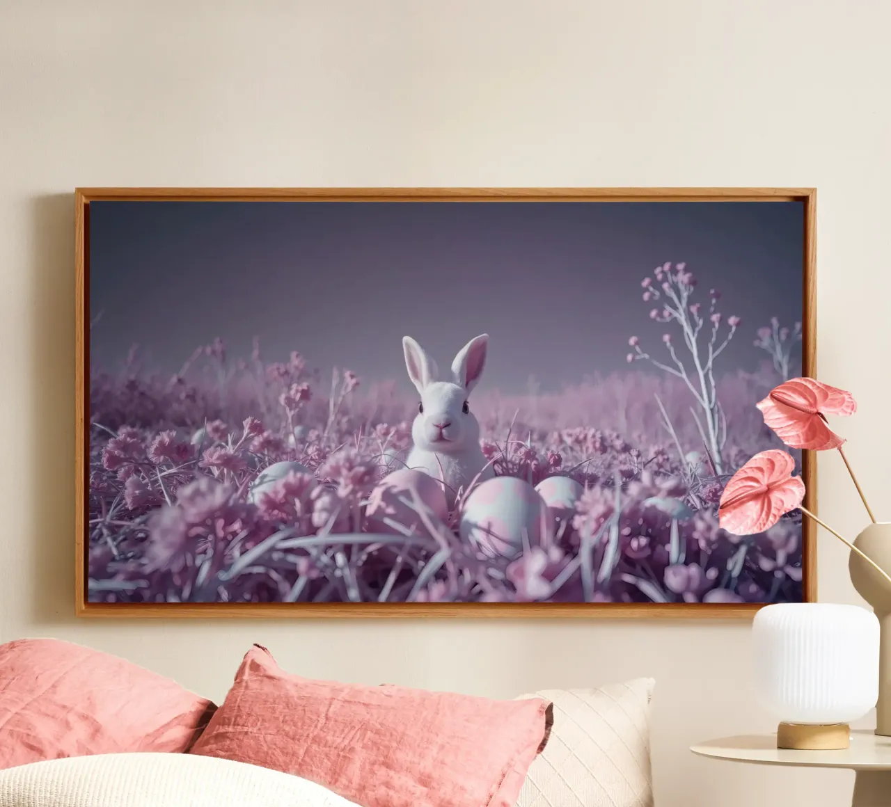 Simpatico coniglio bianco circondato da fiori colorati e uova tela con Cornice a cassetta da DesignDoodle
