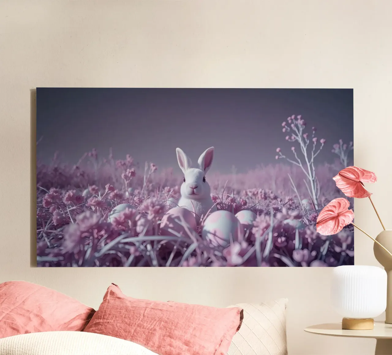 Simpatico coniglio bianco circondato da fiori colorati e uova tela con Cornice a cassetta da DesignDoodle