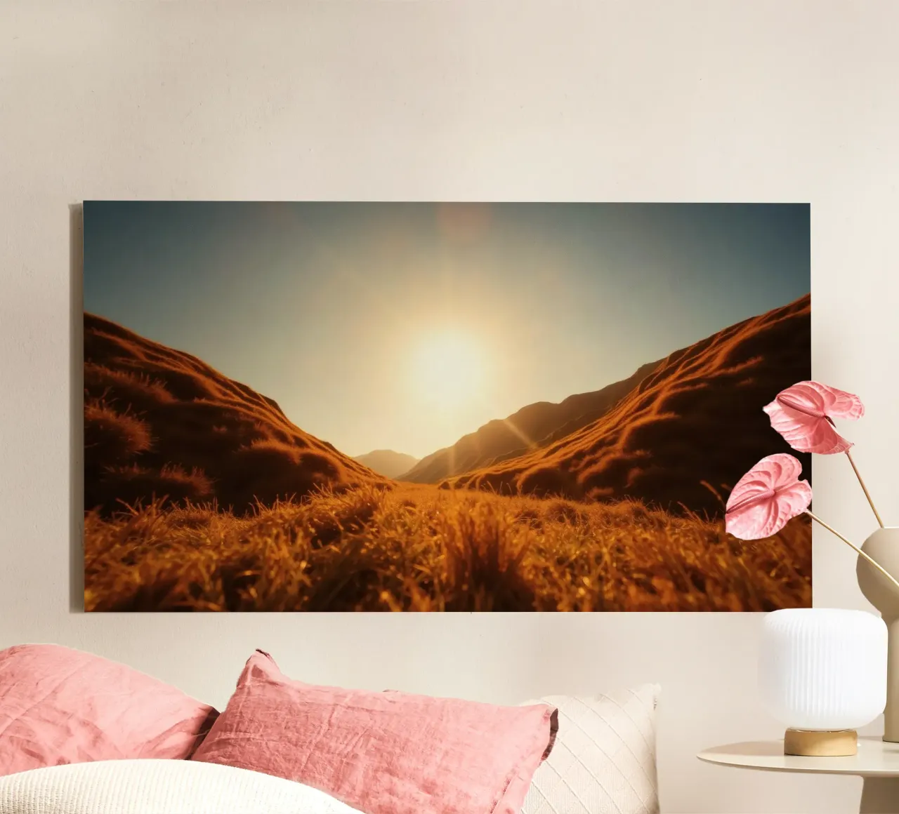 tramonto su una valle tranquilla circondata da montagne maestose tela con Cornice a cassetta da DesignDoodle