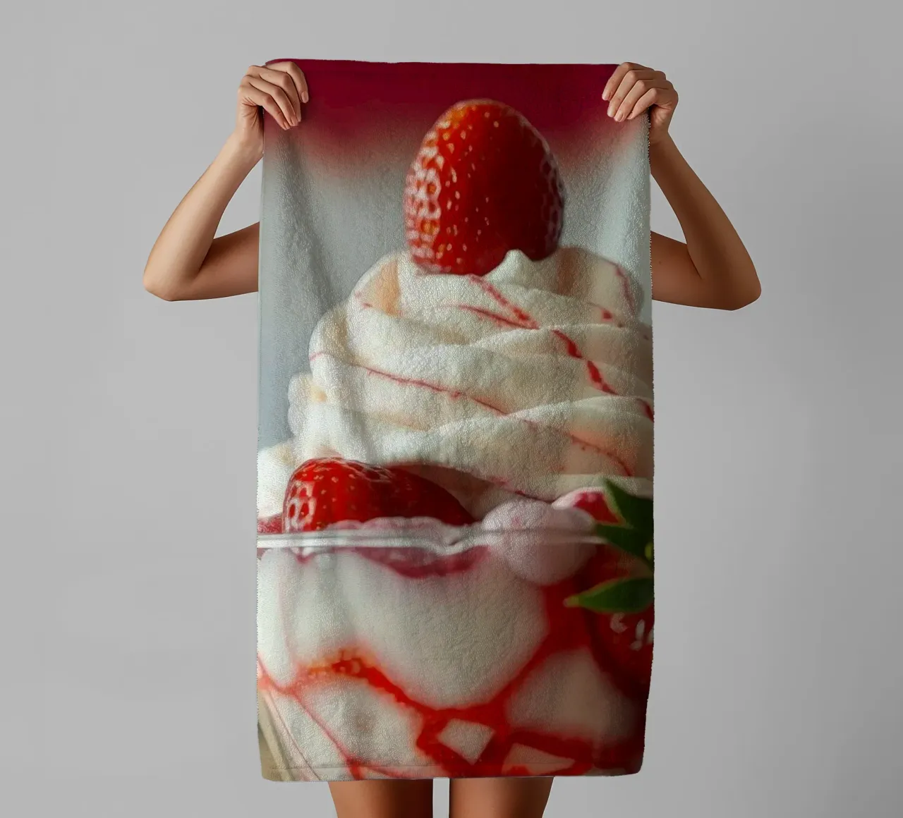 Delicious strawberry dessert topped with whipped cream towel by DesignDoodle