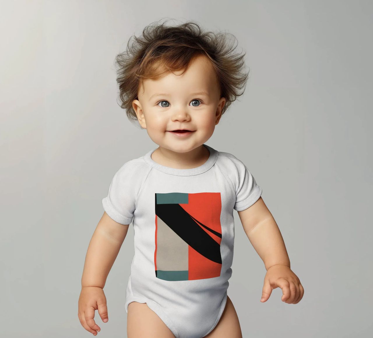 Colorful abstract pattern with geometric shapes and flowing short-sleeve baby romper by DesignDoodle