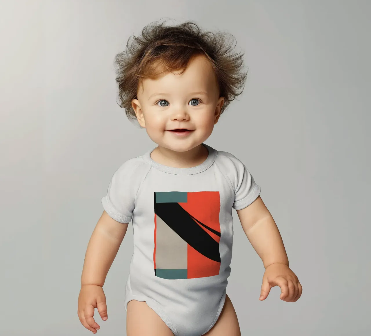 Colorful abstract pattern with geometric shapes and flowing short-sleeve baby romper by DesignDoodle