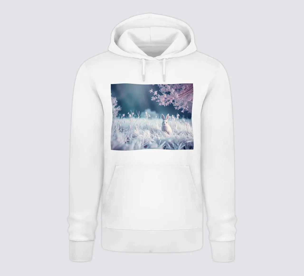 Paesaggio innevato con un coniglio in una foresta mistica felpa con cappuccio da DesignDoodle
