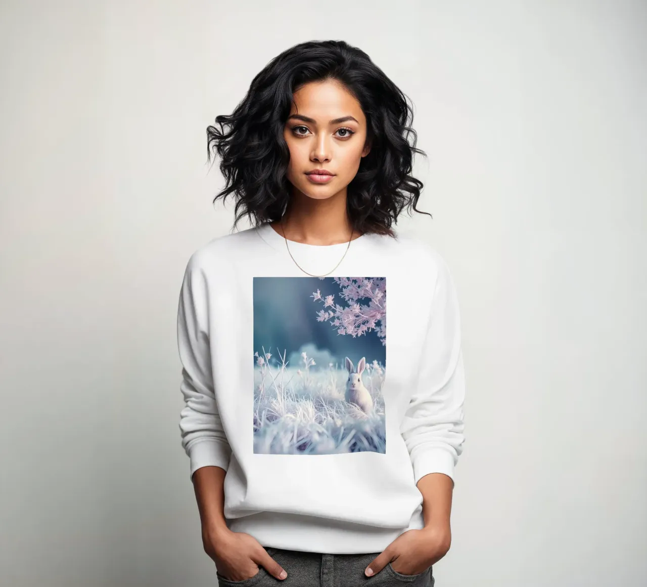 Paesaggio innevato con un coniglio in una foresta mistica felpa da DesignDoodle