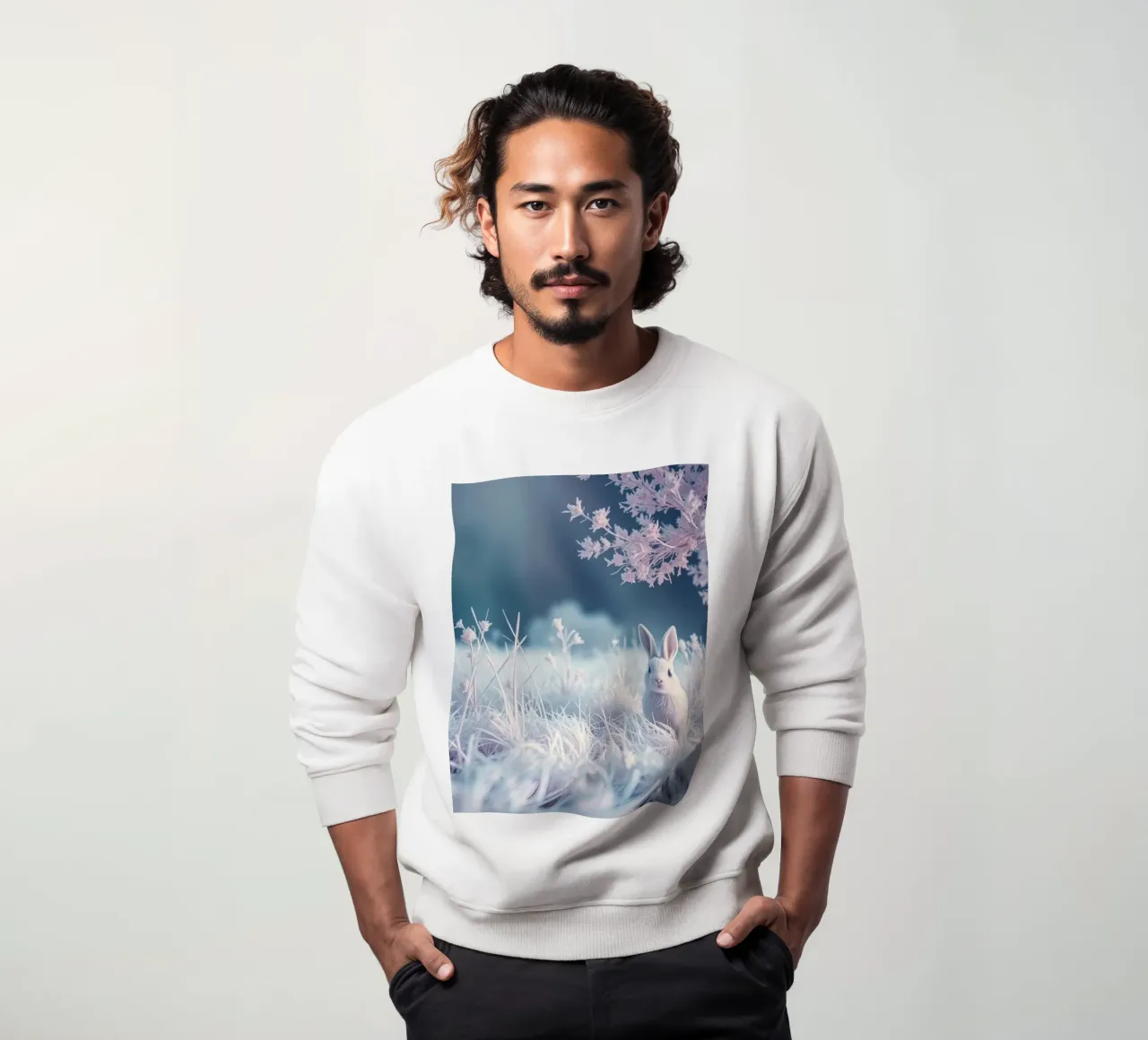 Paesaggio innevato con un coniglio in una foresta mistica felpa da DesignDoodle