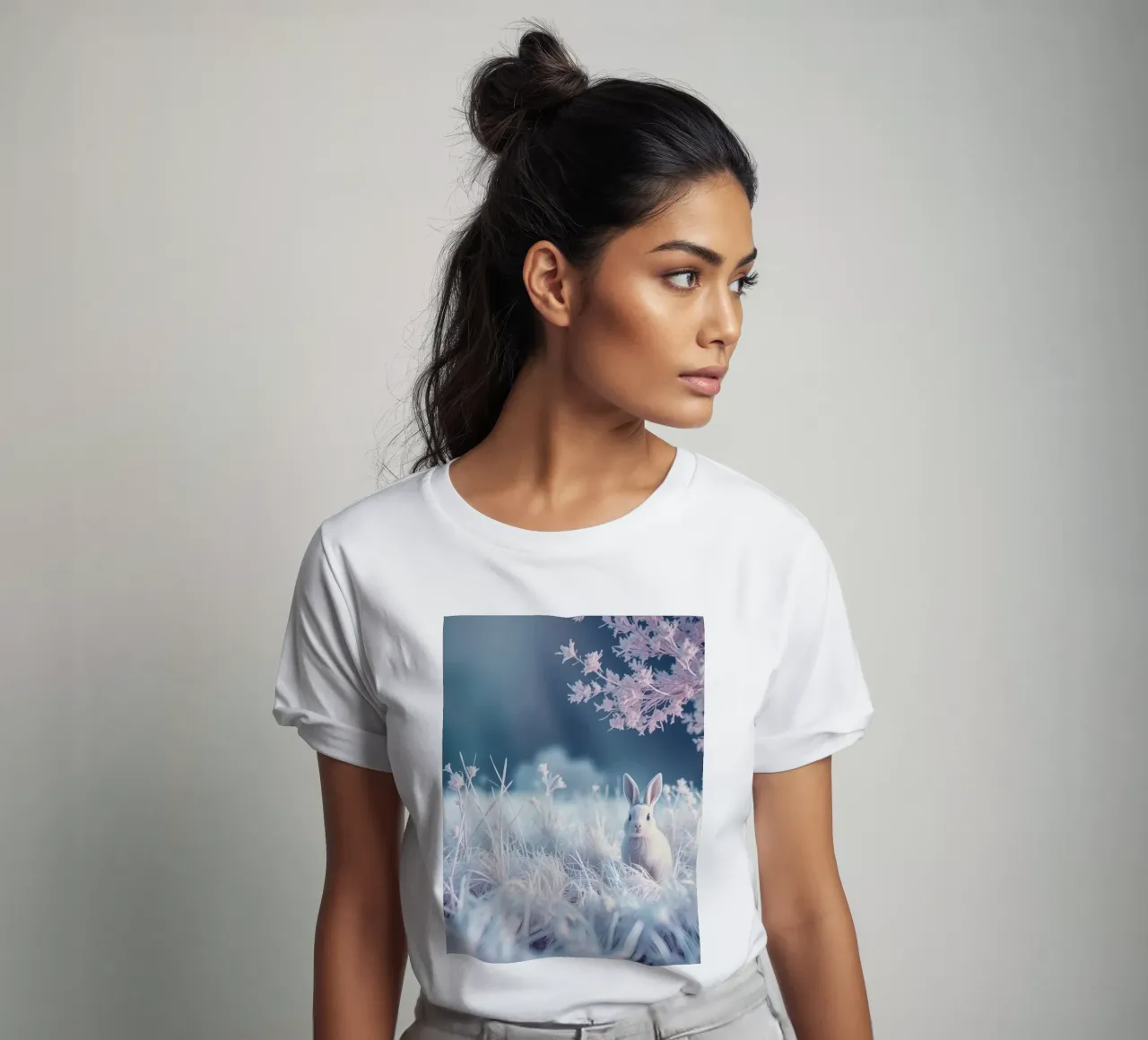 Paesaggio innevato con un coniglio in una foresta mistica t-shirt da DesignDoodle