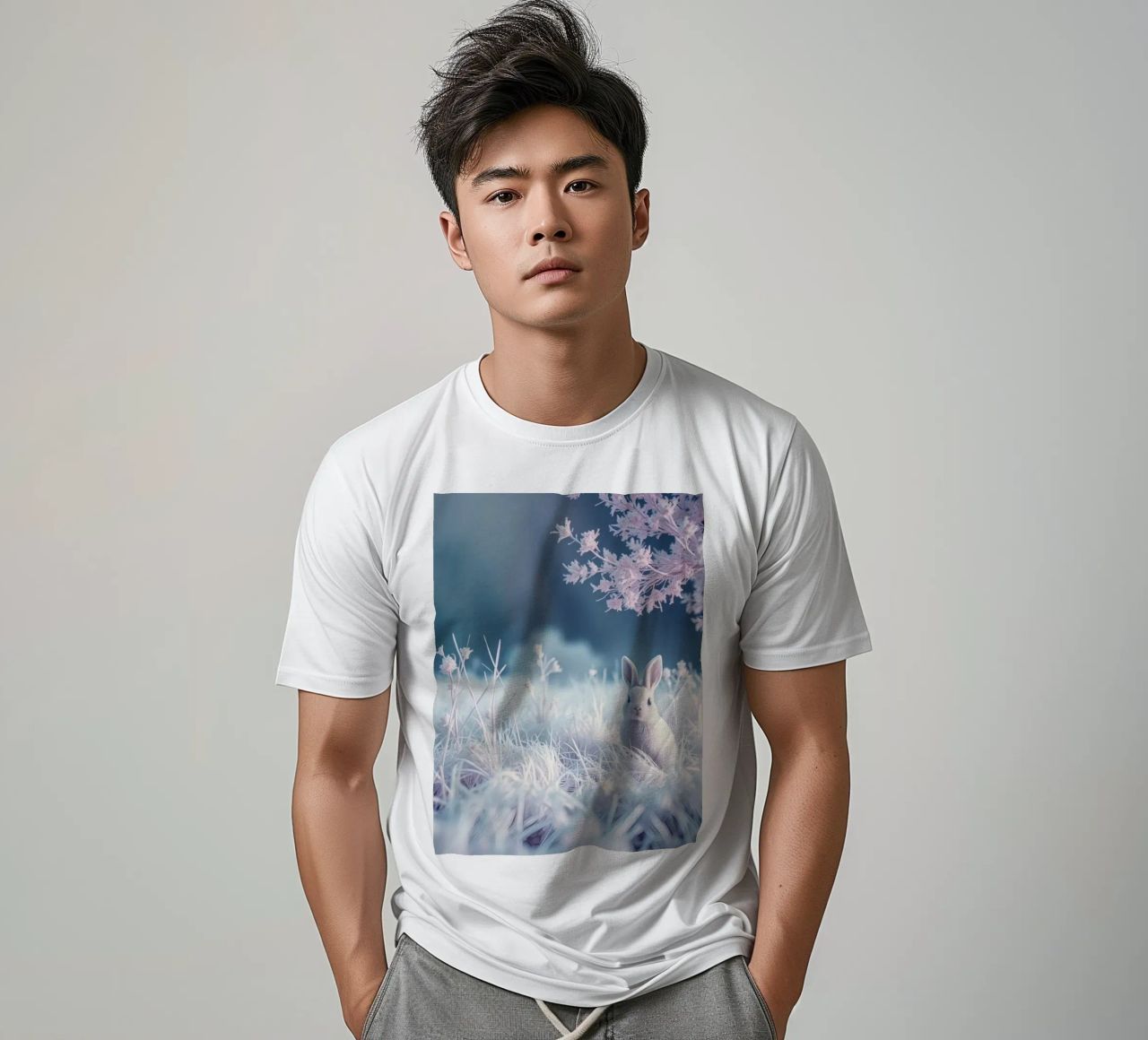 Paesaggio innevato con un coniglio in una foresta mistica t-shirt da DesignDoodle