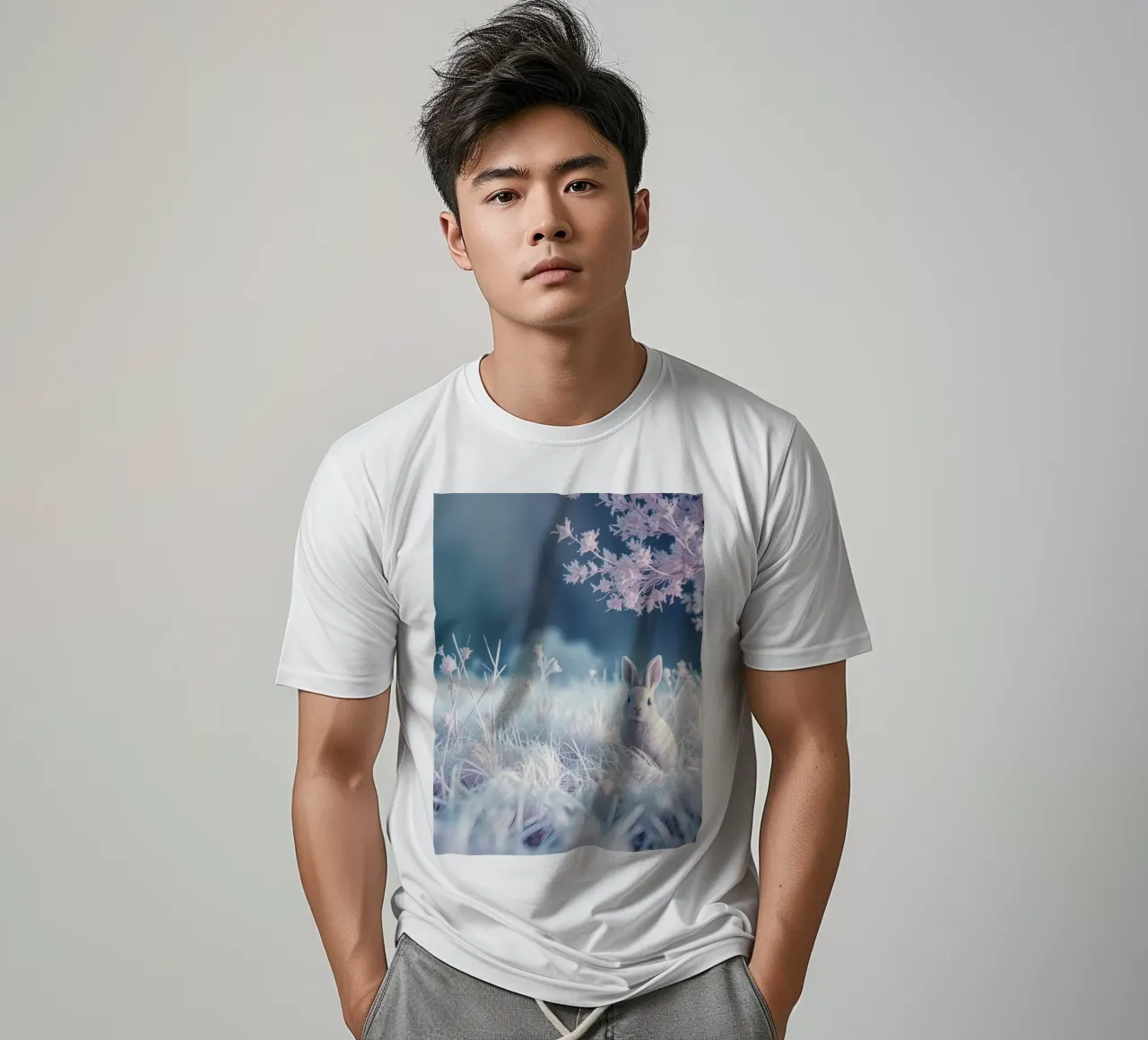 Paesaggio innevato con un coniglio in una foresta mistica t-shirt da DesignDoodle