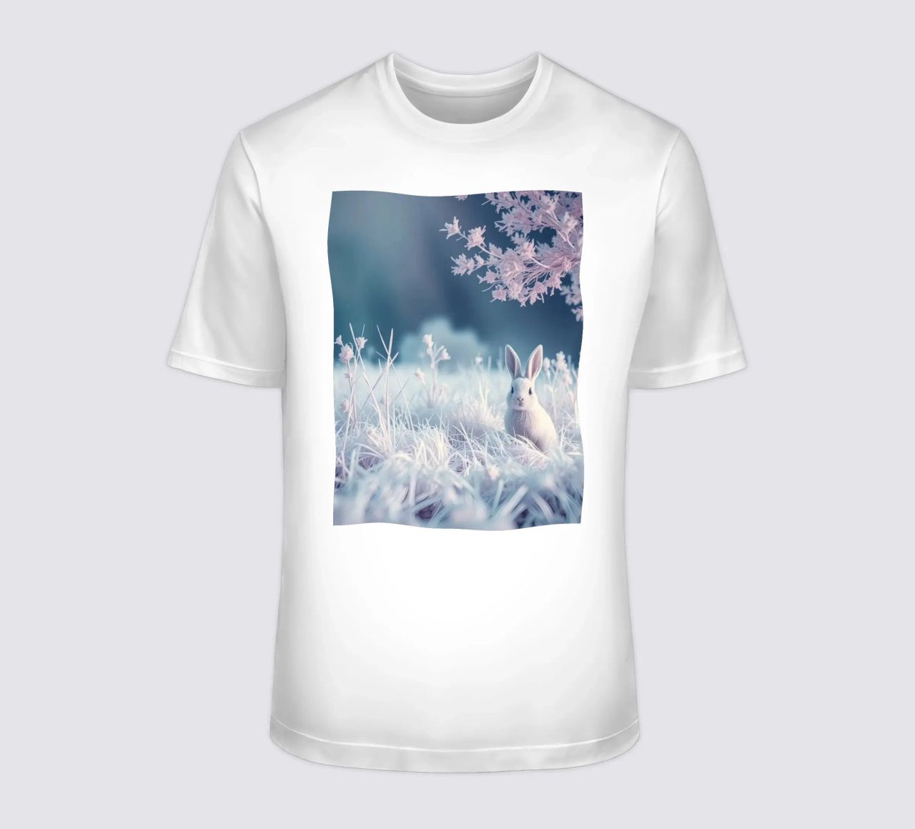 Paesaggio innevato con un coniglio in una foresta mistica t-shirt da DesignDoodle
