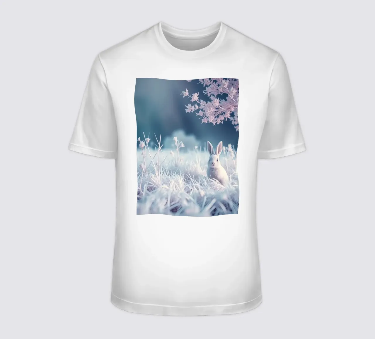 Paesaggio innevato con un coniglio in una foresta mistica t-shirt da DesignDoodle