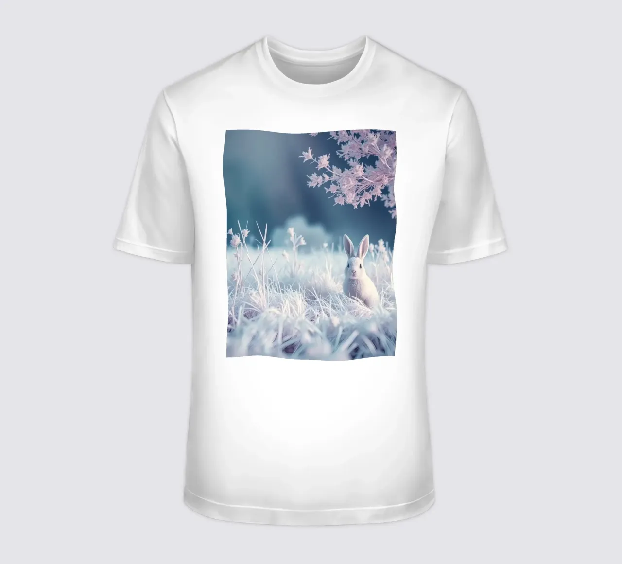 Verschneite Landschaft mit einem Kaninchen in einem mystischen Wald T-Shirt von DesignDoodle