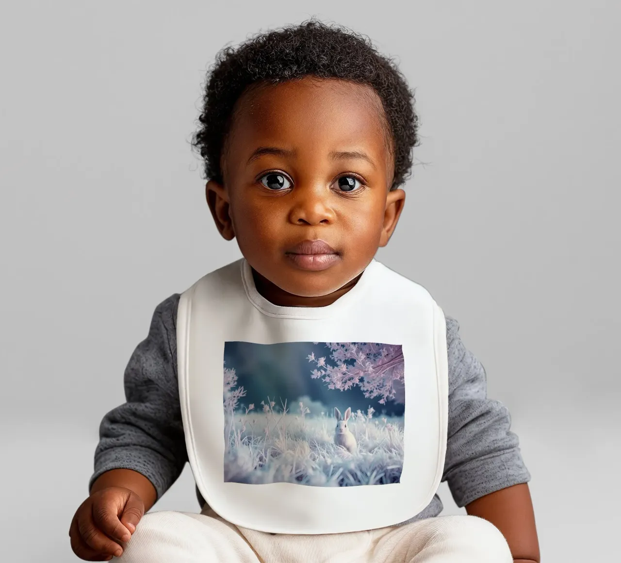 Snowy landscape with a rabbit in a mystical forest baby bib by DesignDoodle