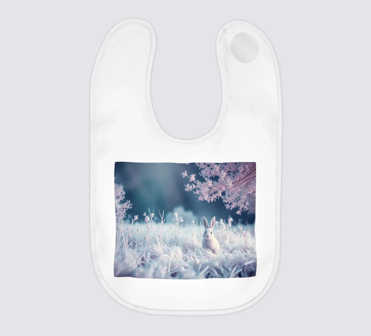 Paesaggio innevato con un coniglio in una foresta mistica bavaglino da DesignDoodle