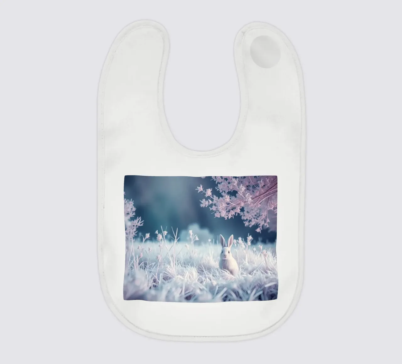 Paesaggio innevato con un coniglio in una foresta mistica bavaglino da DesignDoodle