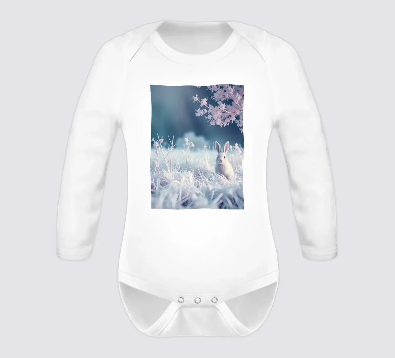 Paesaggio innevato con un coniglio in una foresta mistica body neonato maniche lunghe da DesignDoodle