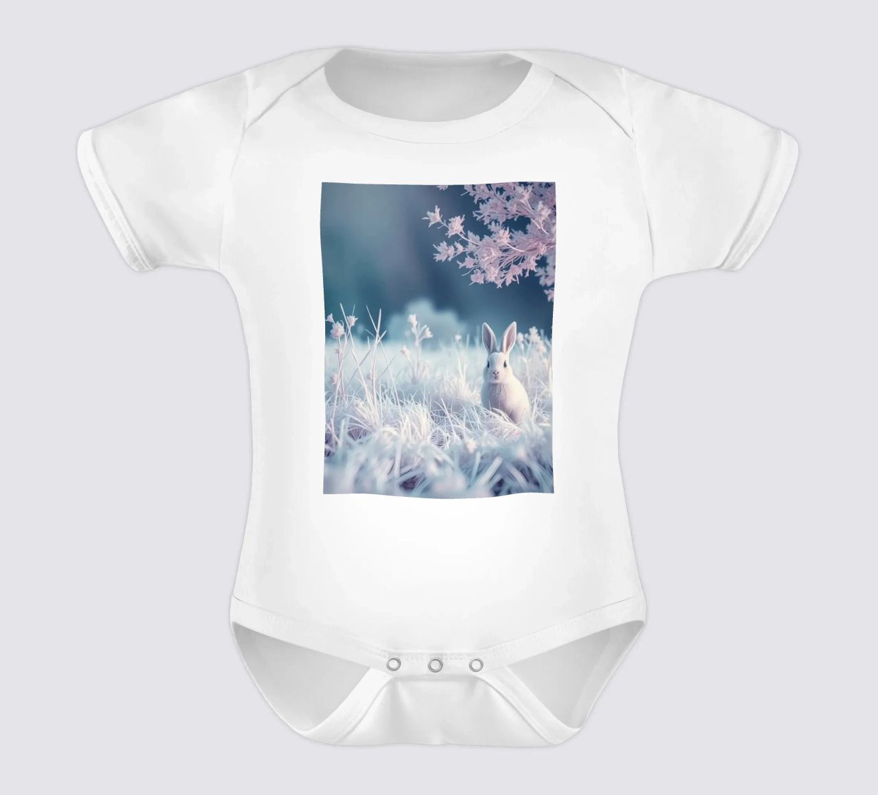 Paesaggio innevato con un coniglio in una foresta mistica body neonato maniche corte da DesignDoodle