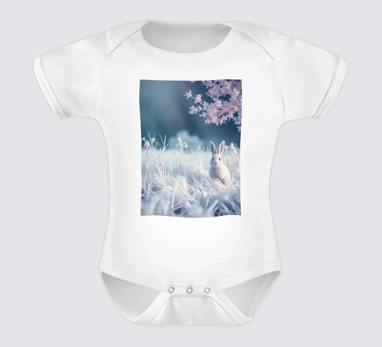 Paesaggio innevato con un coniglio in una foresta mistica body neonato maniche corte da DesignDoodle