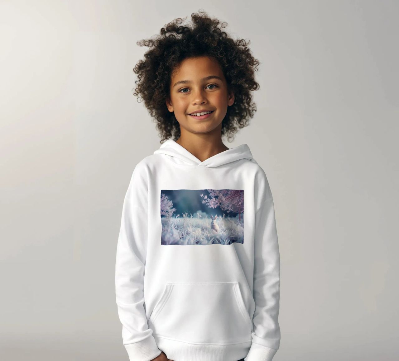 Paesaggio innevato con un coniglio in una foresta mistica felpa bambino con cappuccio da DesignDoodle