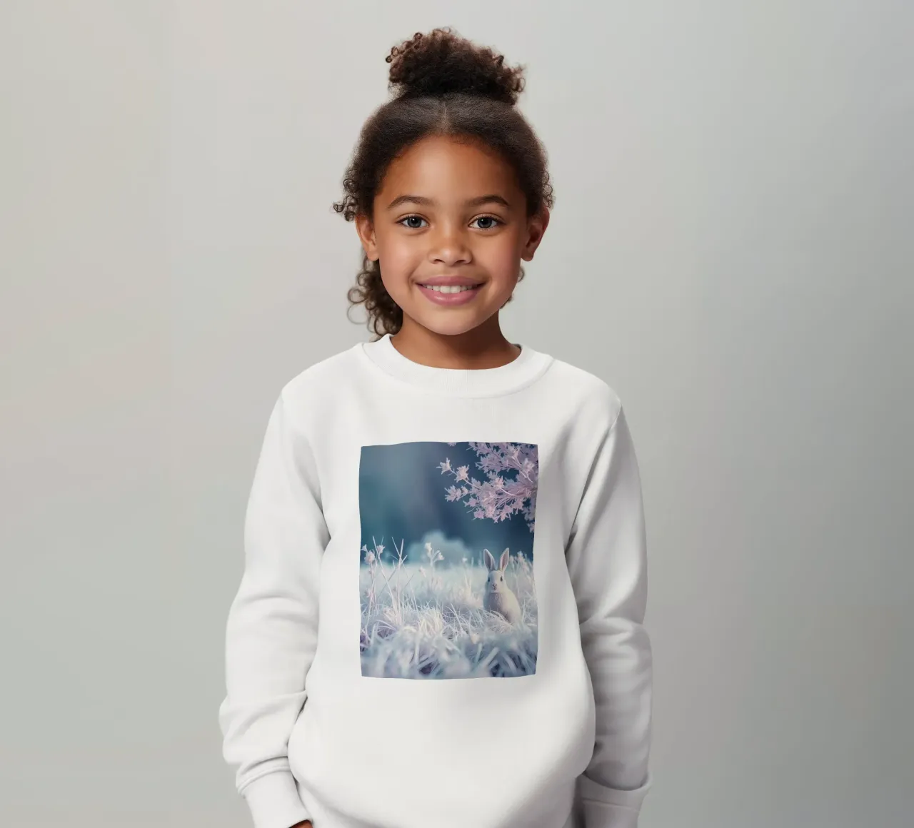 Paisaje nevado con un conejo en un bosque místico sudadera para niño de DesignDoodle